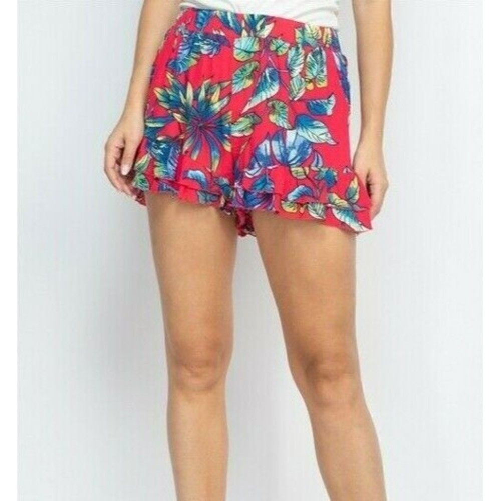 Medium Red Women's Shorts by Chocolate Tropical Leaf Print Ruffled NWT
